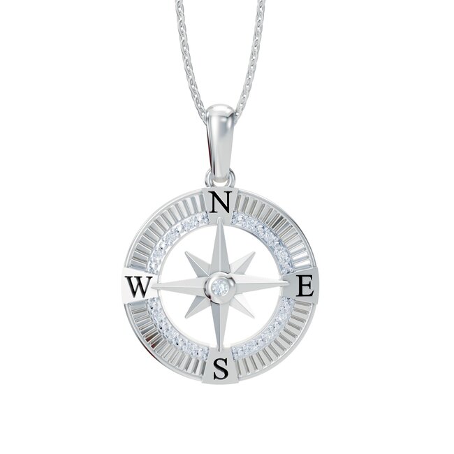 Diamond (0.05 ct) sterling silver compass pendant with chain