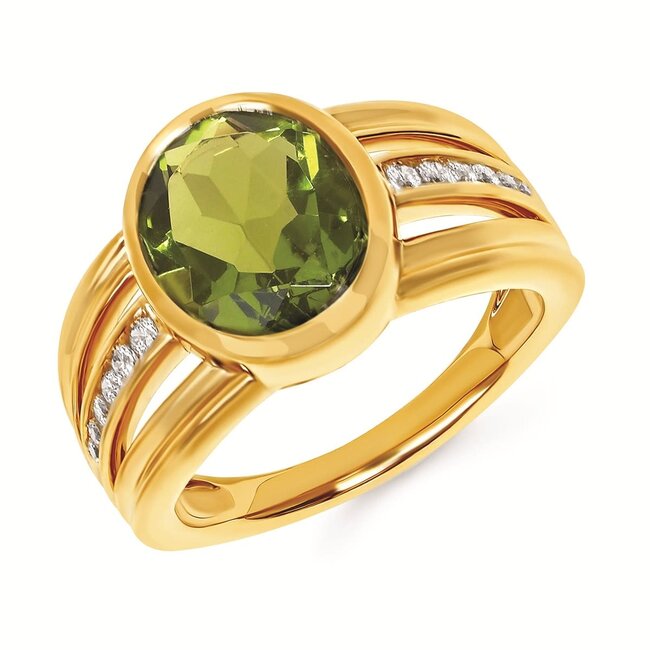 Peridot (4 ct) & diamond (0.13 ctw) oval bezel ring 14k yellow gold