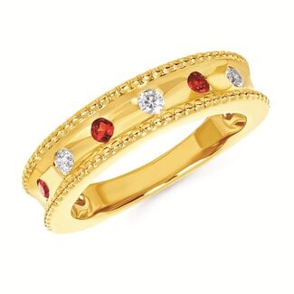 Garnet & diamond (0.32 ctw) milgrain edged band 14k yellow gold