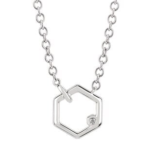 Diamond accented hexagon pendant with chain sterling silver 4.3 gr