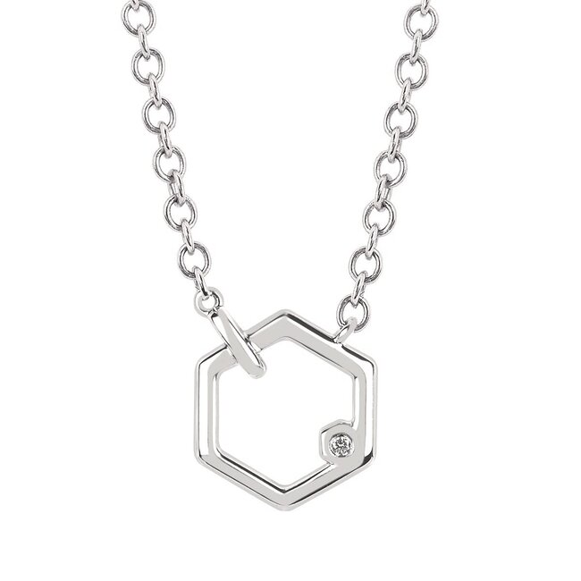Diamond accented hexagon pendant with chain sterling silver 4.3 gr