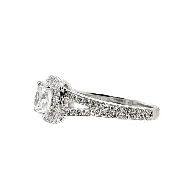 Diamond (0.44 ctw CZ ctr) split-shank halo setting 14k white gold 4.3 gr