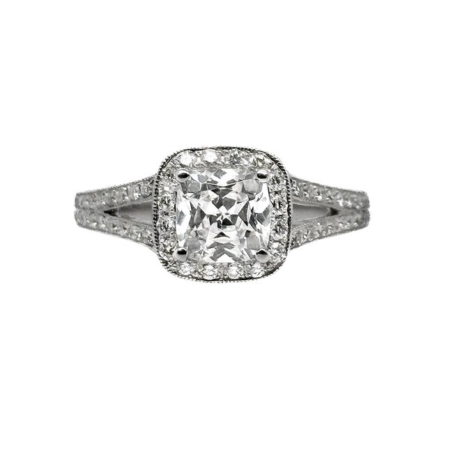 Diamond (0.44 ctw CZ ctr) split-shank halo setting 14k white gold 4.3 gr
