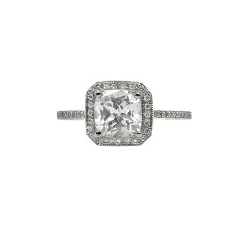 Diamond (0.21 ctw CZ ctr) square beaded halo setting, 18k white gold 3.4 gr