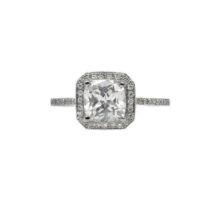 Diamond (0.21 ctw CZ ctr) square beaded halo setting, 18k white gold 3.4 gr