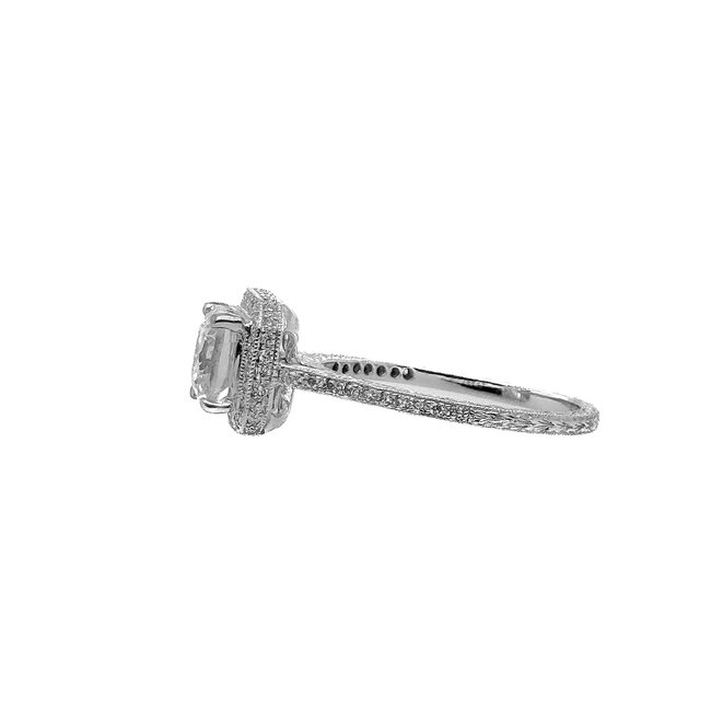Diamond (0.21 ctw CZ ctr) square beaded halo setting, 18k white gold 3.4 gr