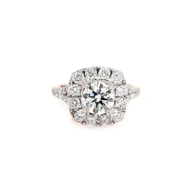 Diamond (0.90ctr/2.15ctw) square halo round center ring, 18k white gold 6.2 gr