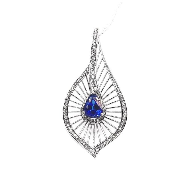 TQ Original Sapphire Pear & Diamond petal pendant, 14k white gold