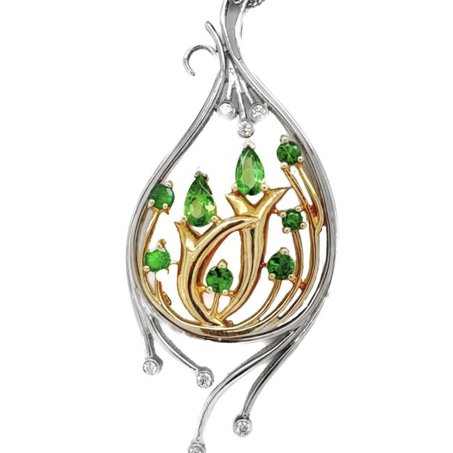 Tsavorite garnet Looped Pendant with Diamonds in 14k white & yellow gold