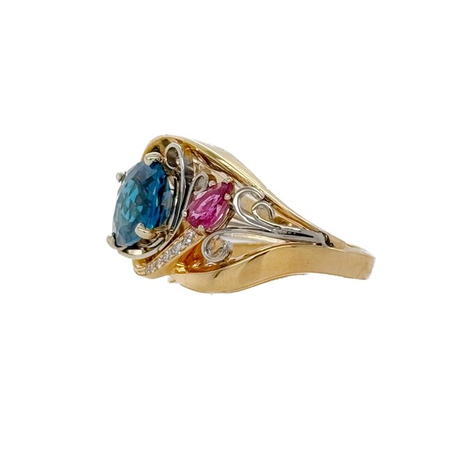 TQ blue topaz, pink tourmaline & diamond ring (4.5 ctw) 14k yellow gold 10.1 gr