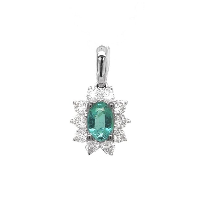 Emerald (0.35ct) & diamond(0.34ctw) oval halo pendant 14k white gold