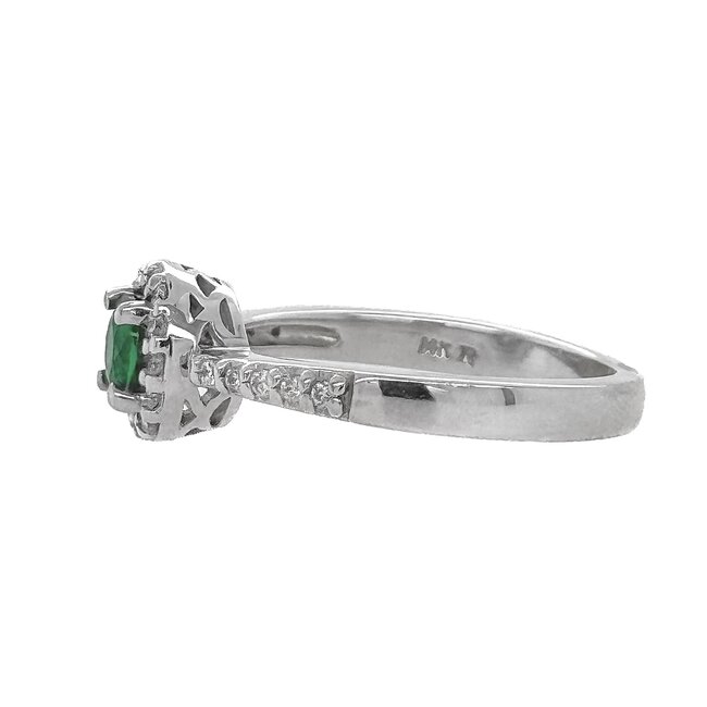 Emerald (0.62 ct) & diamond (0.34ctw) round halo ring 14k white gold 3.5gr
