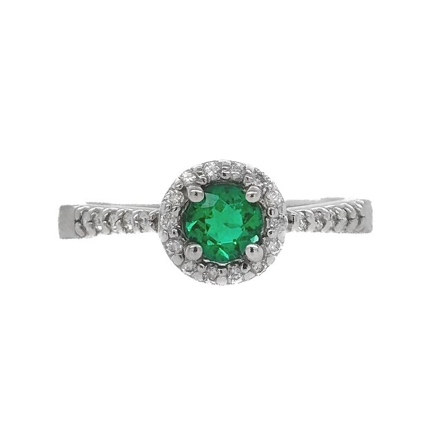 Emerald (0.62 ct) & diamond (0.34ctw) round halo ring 14k white gold 3.5gr