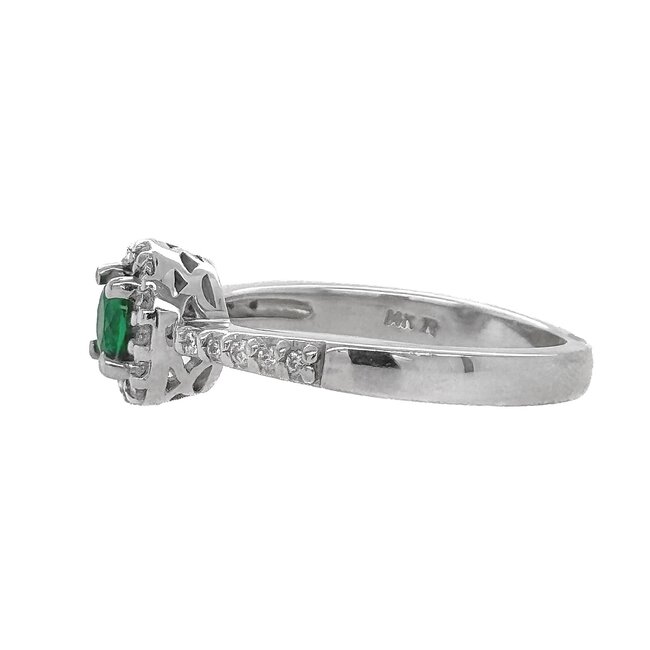 Emerald (0.62 ct) & diamond (0.34ctw) round halo ring 14k white gold 3.5gr