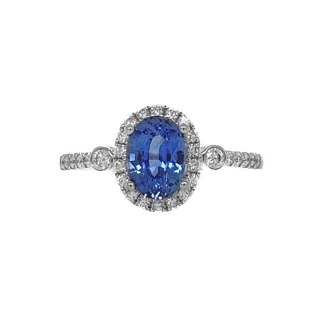 Sapphire (1.46 ct) & diamond (0.30 ctw) halo ring 14k white gold 2.9 gr
