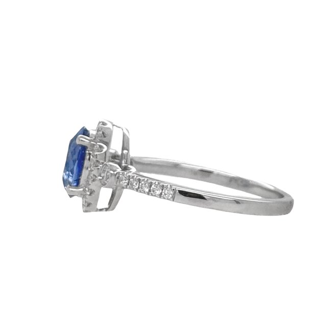 Sapphire (1.46 ct) & diamond (0.30 ctw) halo ring 14k white gold 2.9 gr