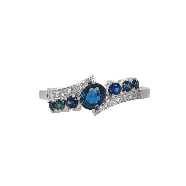 Sapphire (0.79 ctw) & diamond (0.10 ctw) bypass band 14k white gold 2.1 gr