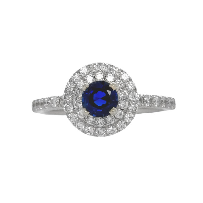 Sapphire (0.60 ct) & diamond (0.63 ctw) round double halo ring