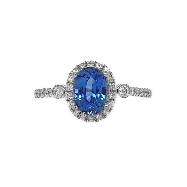 Sapphire (1.46 ct) & diamond (0.30 ctw) halo ring 14k white gold 2.9 gr