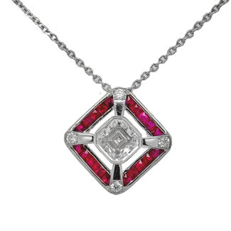 Diamond (0.50ct) Ruby (0.20ctw) square pendant 14k white gold 5.7 gr