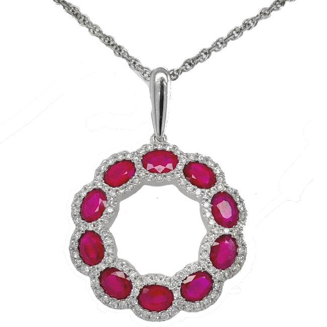 Ruby (2.0 ctw) & diamond (0.38 ctw) circle pendant w/chain 14k white gold