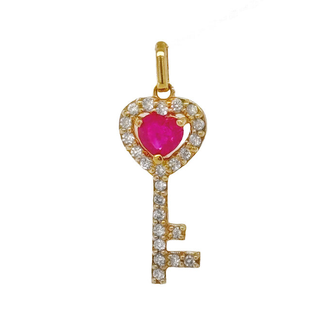 Ruby (0.26ct) & diamond (0.11ctw) key pendant 18k yellow gold 1.62gr