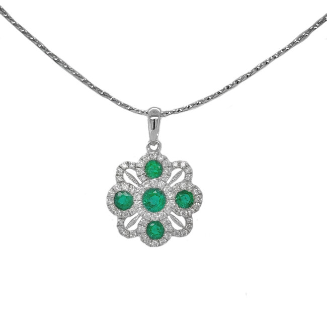Emerald (0.54 ctw) & diamond (0.31 ctw) floral pendant 14k white gold