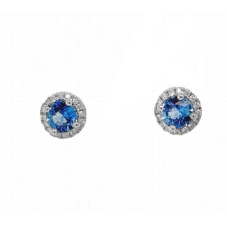 Sapphire (0.96 ctw) & diamond (0.13 ctw) round halo earrings 14k white gold