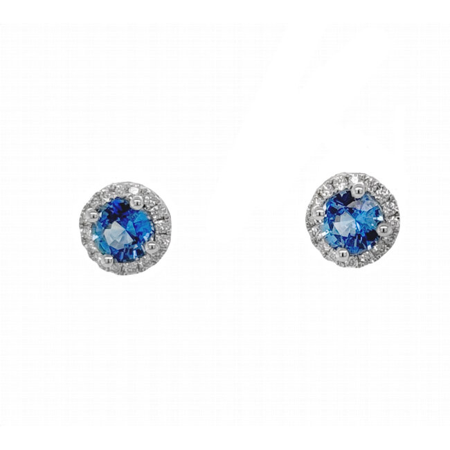 Sapphire (0.96 ctw) & diamond (0.13 ctw) round halo earrings 14k white gold