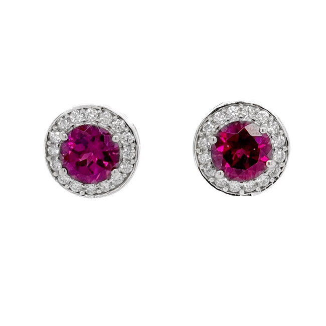 Bishop's Garnet (3.44 ct) & diamond (0.48 ctw) round halo earrings 18k white gold
