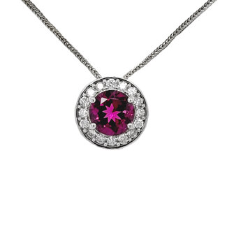 Bishop's Garnet (1.72 ct) & diamond (0.24 ctw) round halo pendant 18k white gold