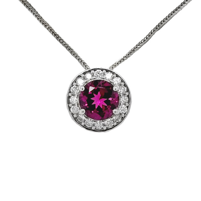 Bishop's Garnet (1.72 ct) & diamond (0.24 ctw) round halo pendant 18k white gold