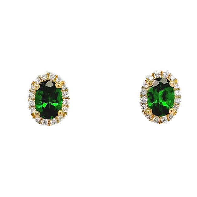 Green garnet (0.73 ctw) & diamond (0.15 ctw) halo earrings 14k yellow gold