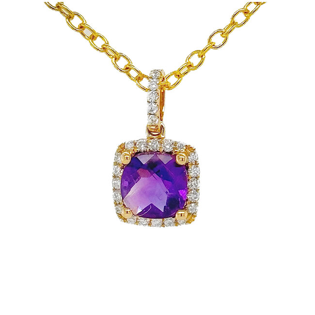 Amethyst (0.88 ctw) & diamond (0.09 ctw) square pendant 14k yellow gold 0.9 gr