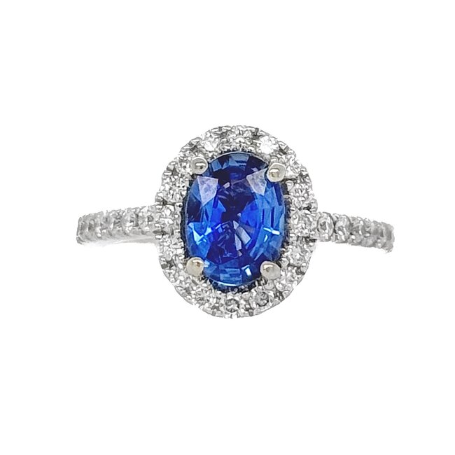 Sapphire (1.5 ct) & diamond (0.48 ctw) oval halo ring