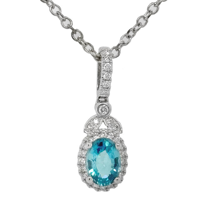 Blue zircon (0.65 ct) & diamond (0.15 ctw) oval pendant 14k white gold