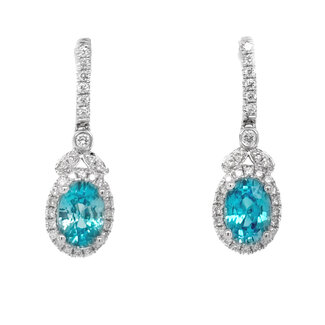 Blue zircon (1.29 ctw) & diamond (0.31 ctw) oval earrings 14k white gold
