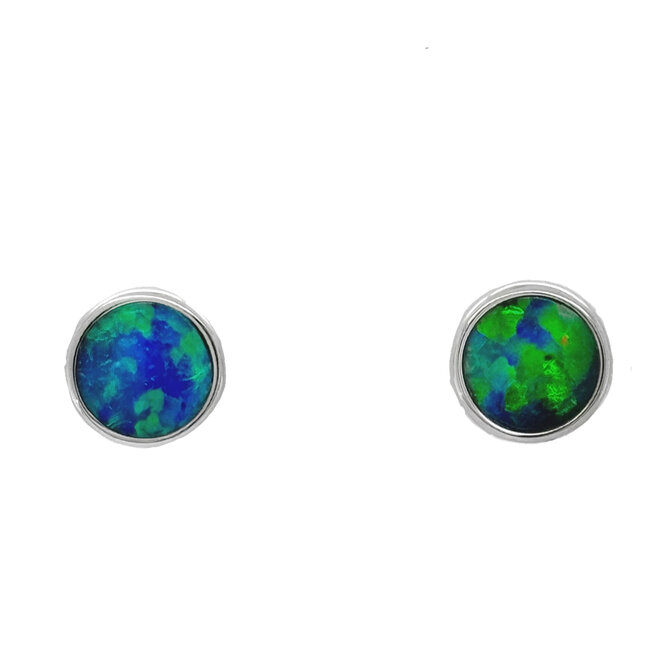 Opal )0.80 ctw) bezel set round earrings 14k white gold 1.4 gr