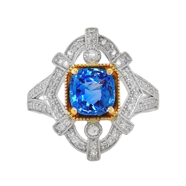 Sapphire (1.5 ct) & diamond (0.36 ctw) vintage ring 14k white & yellow gold