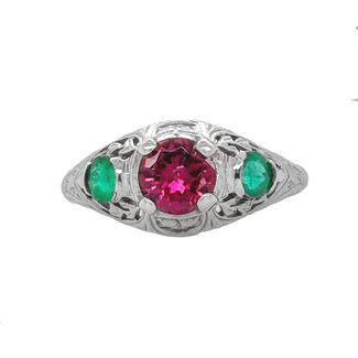 Pink tourmaline (0.5 ct) & emerald (0.3 ctw) vintage ring 14k white gold