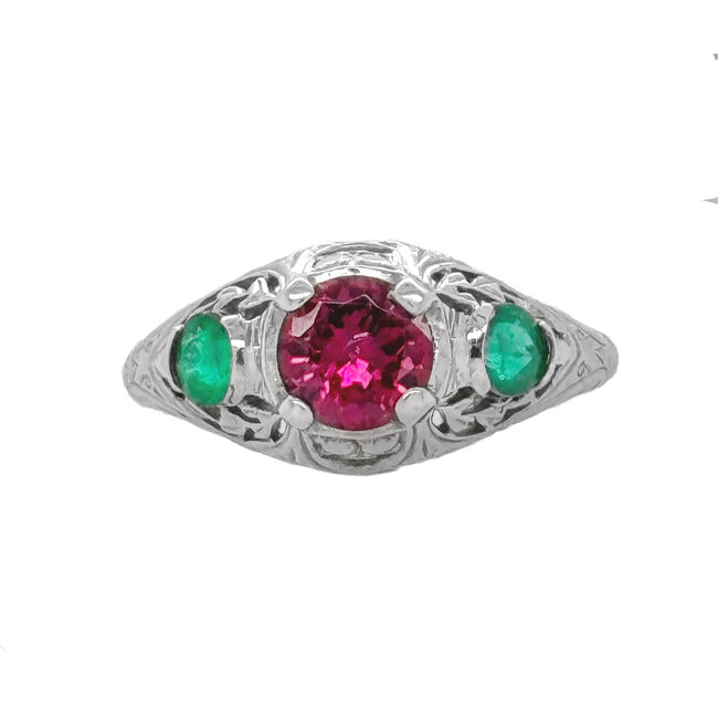 Pink tourmaline (0.5 ct) & emerald (0.3 ctw) vintage ring 14k white gold