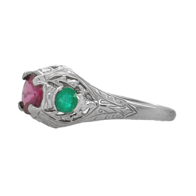 Pink tourmaline (0.5 ct) & emerald (0.3 ctw) vintage ring 14k white gold