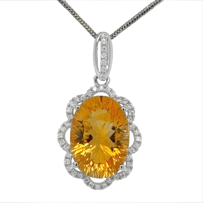 Citrine (5.77 ct) & diamond (0.17 ctw) fancy cut oval pendant 14k white gold