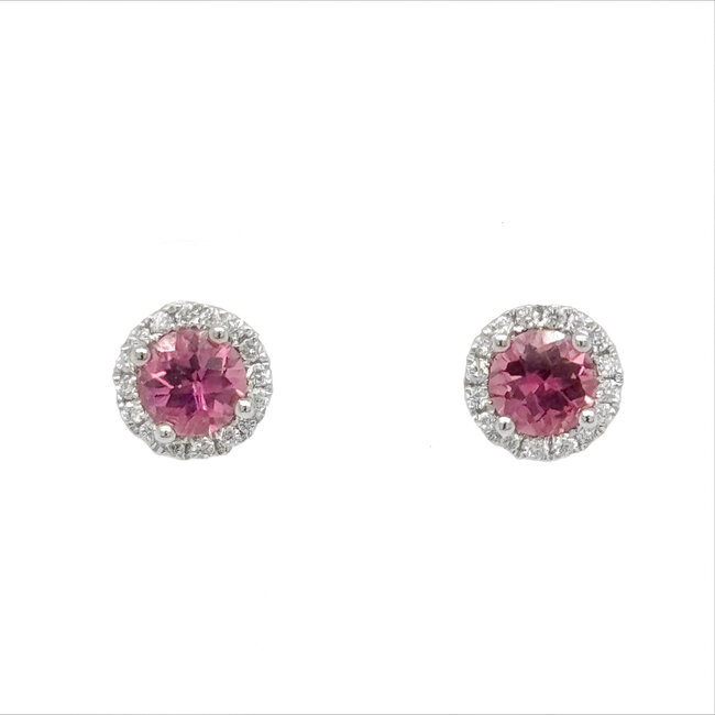 Pink Tourmaline (0.83 ctw)  & diamond (0.13 ctw) halo earrings 14k white gold 1.5 gr