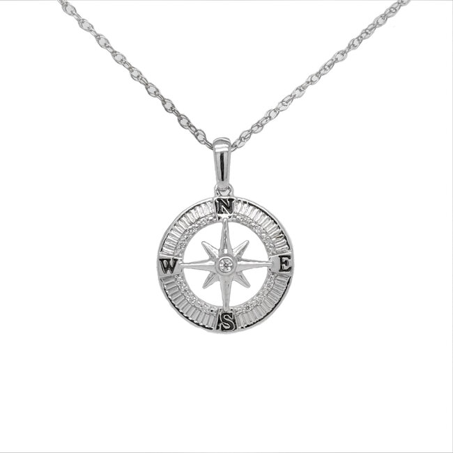 Diamond (0.05 ct) sterling silver compass pendant with chain