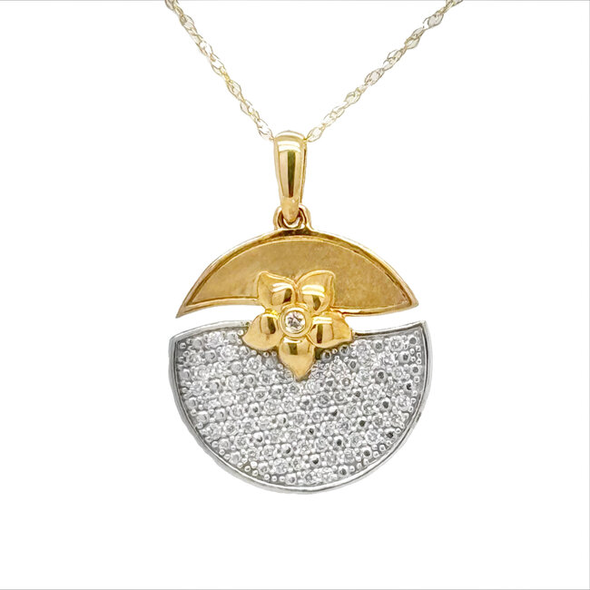Diamond (1/4 ctw) disc with flower pendant, 14k white and yellow gold