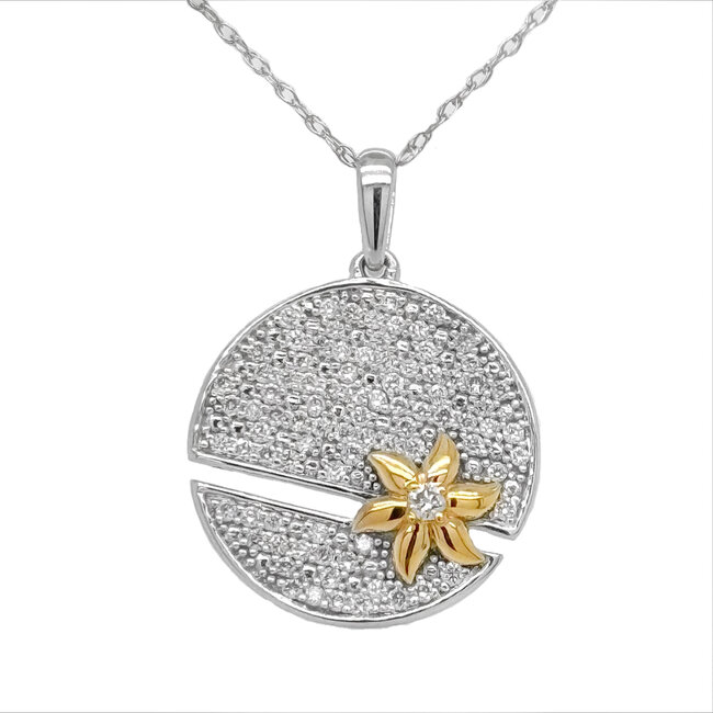Diamond (3/8 ctw) disc with flower pendant, 14k white and yellow gold
