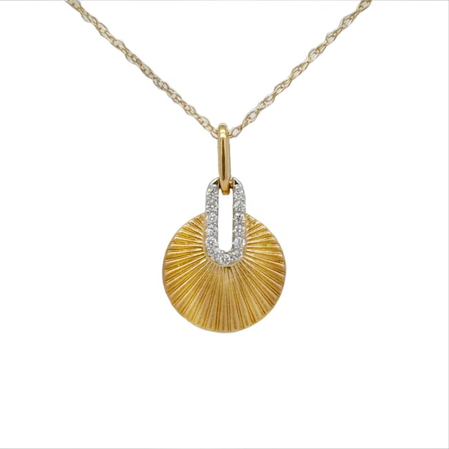 Diamond (0.05ct) textured disc pendant, 14k yellow gold