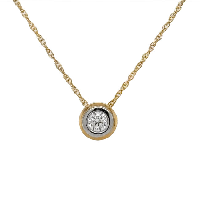 Diamond (0.25 ct) bezel set solitaire pendant 14k white & yellow gold