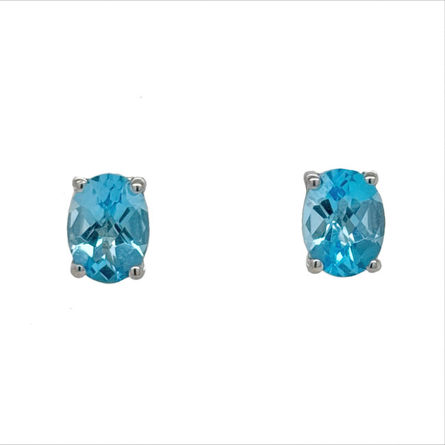 Blue topaz (2.5 ctw) oval checkerboard cut studs 14k white gold